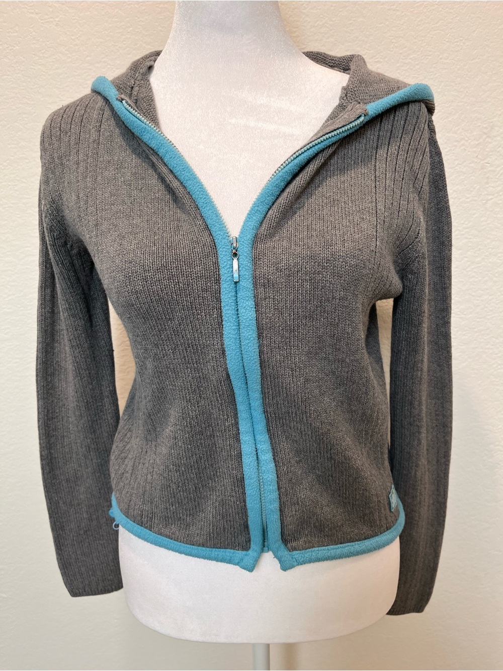 American Eagle Outfitters Gray Hooded Zip Cardigan with Teal Trim